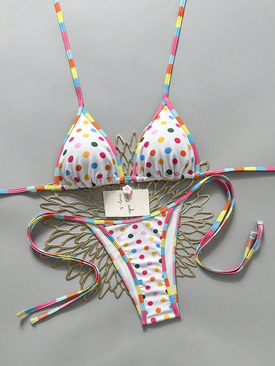 Apricot 2-piece bikini swimwear set featuring a textured halter triangle cup top with knot details and matching tie-side bottoms for women.