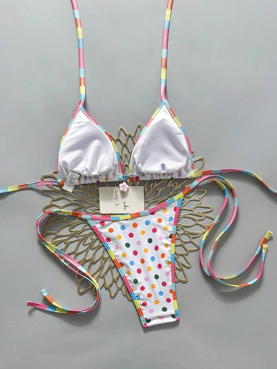 Apricot 2-piece bikini swimwear set featuring a textured halter triangle cup top with knot details and matching tie-side bottoms for women.