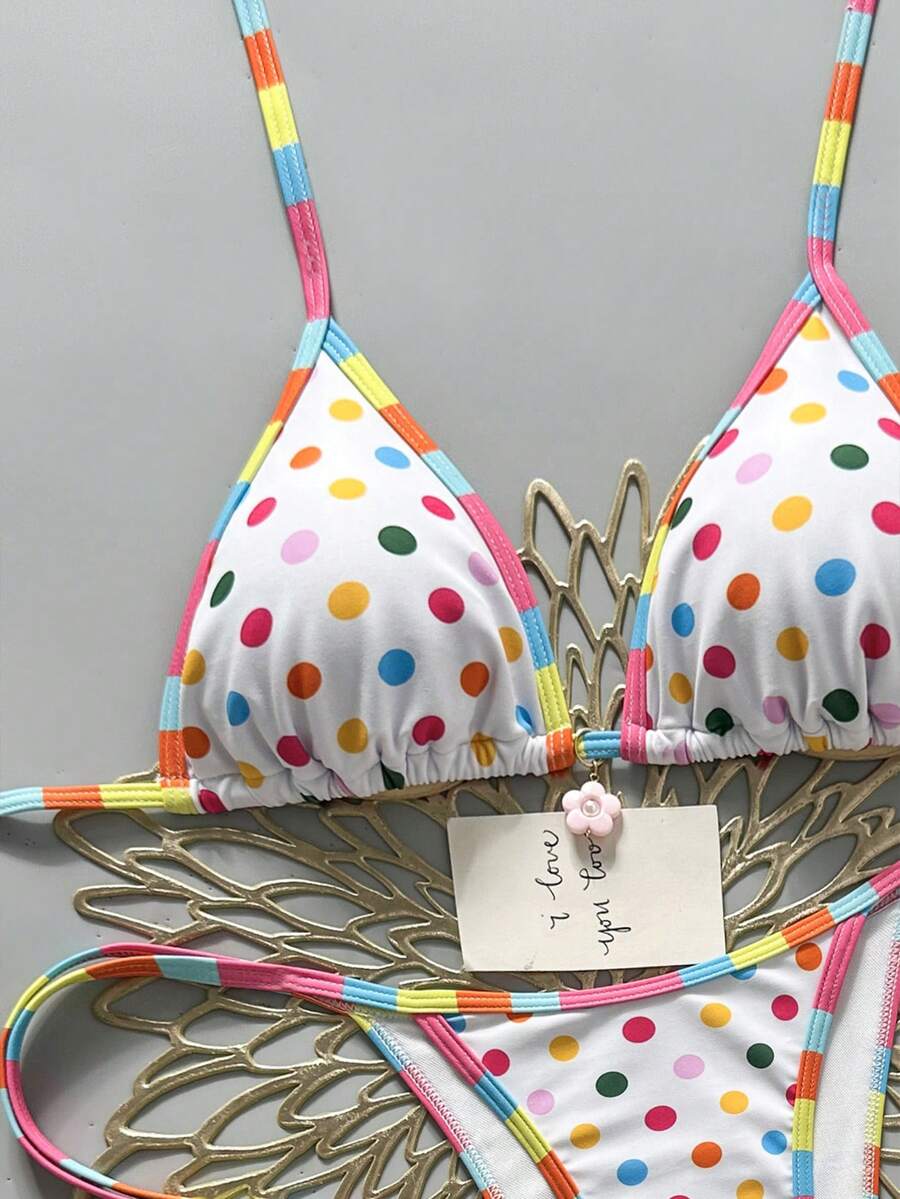 Apricot 2-piece bikini swimwear set featuring a textured halter triangle cup top with knot details and matching tie-side bottoms for women.