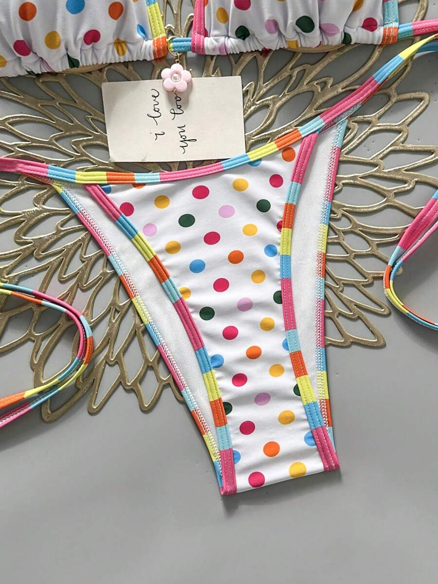 Apricot 2-piece bikini swimwear set featuring a textured halter triangle cup top with knot details and matching tie-side bottoms for women.