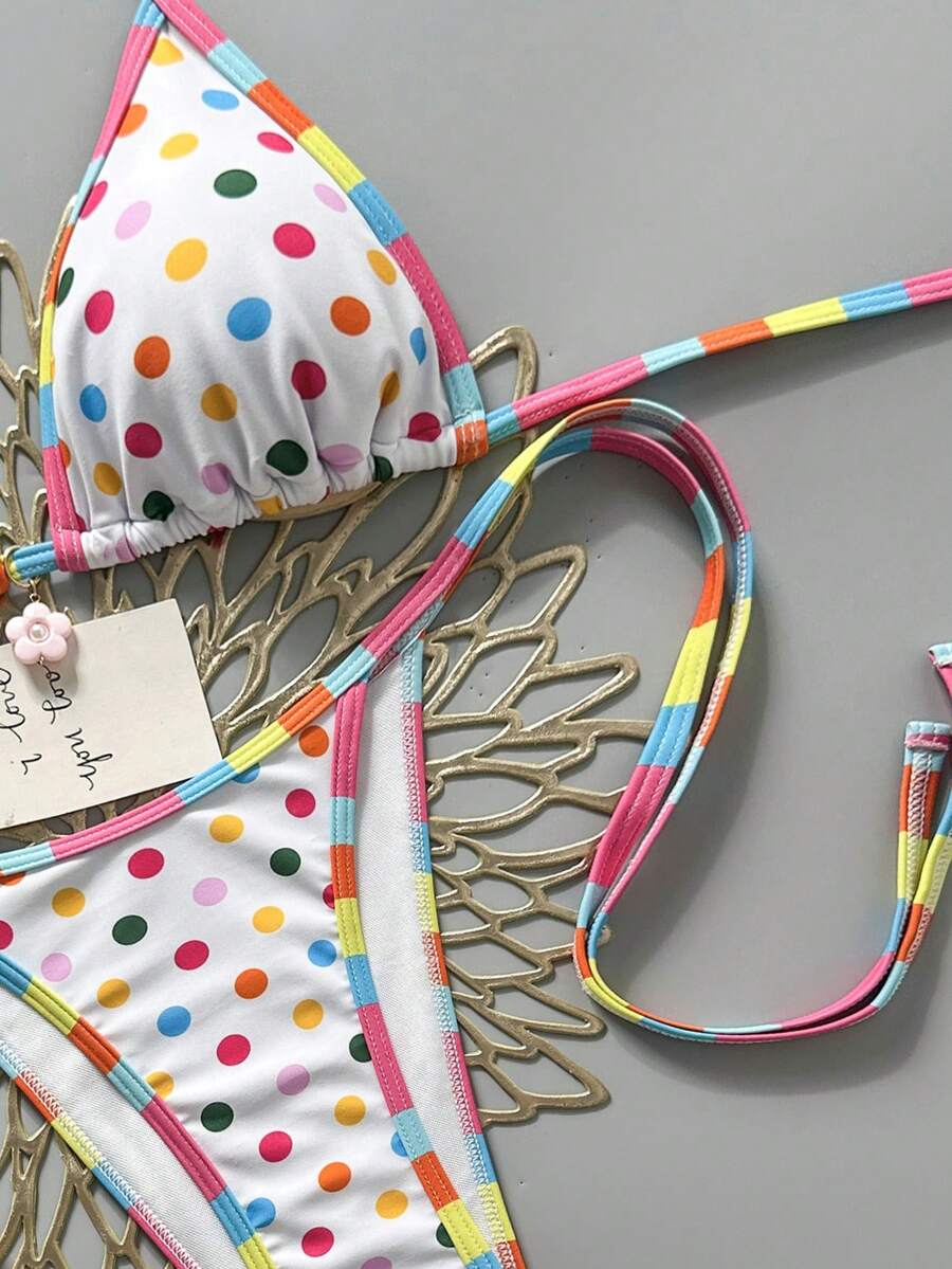 Apricot 2-piece bikini swimwear set featuring a textured halter triangle cup top with knot details and matching tie-side bottoms for women.