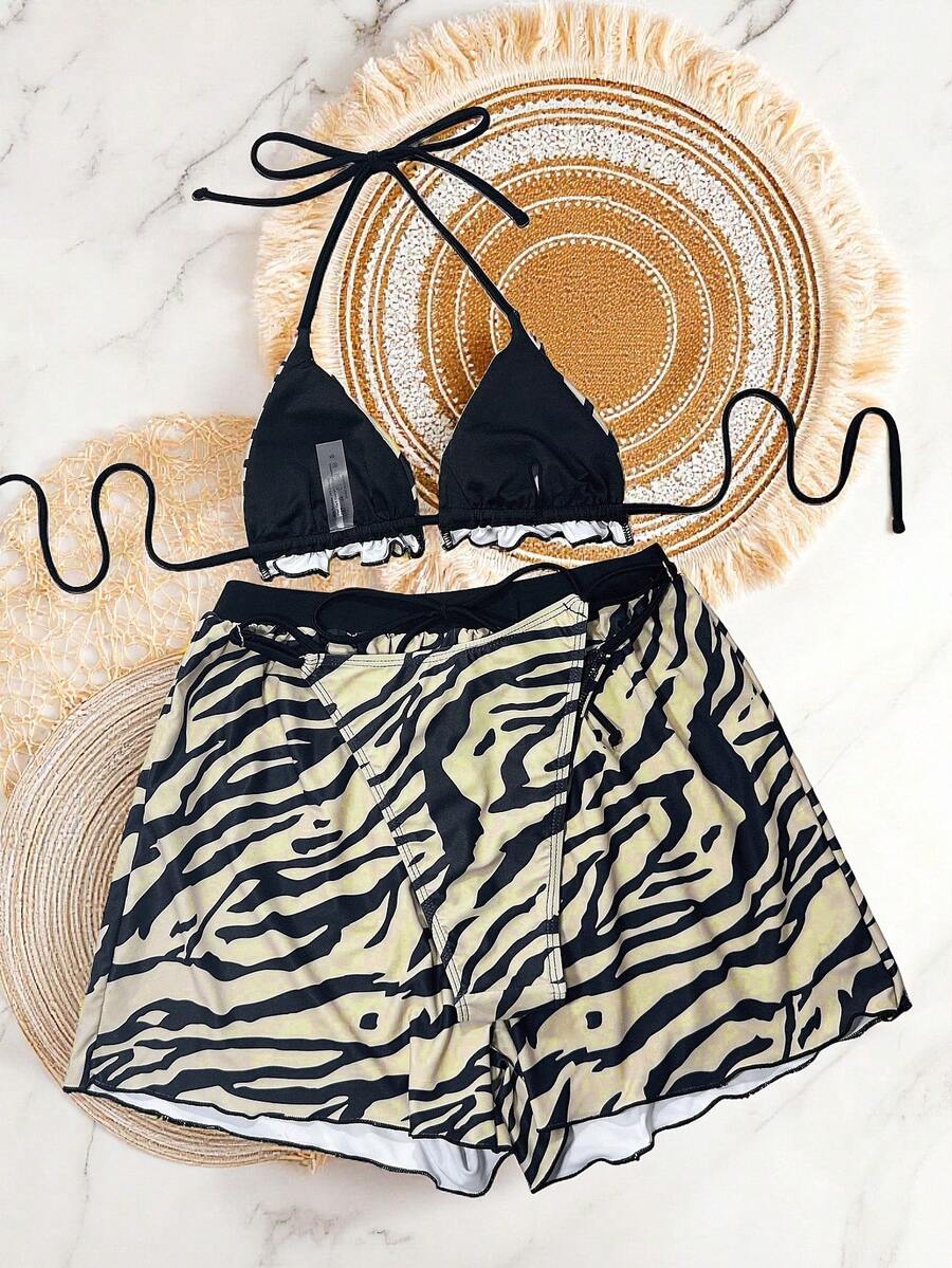 Women's 3-piece frill trim bikini set with halter tie-back top and high waist bottoms.