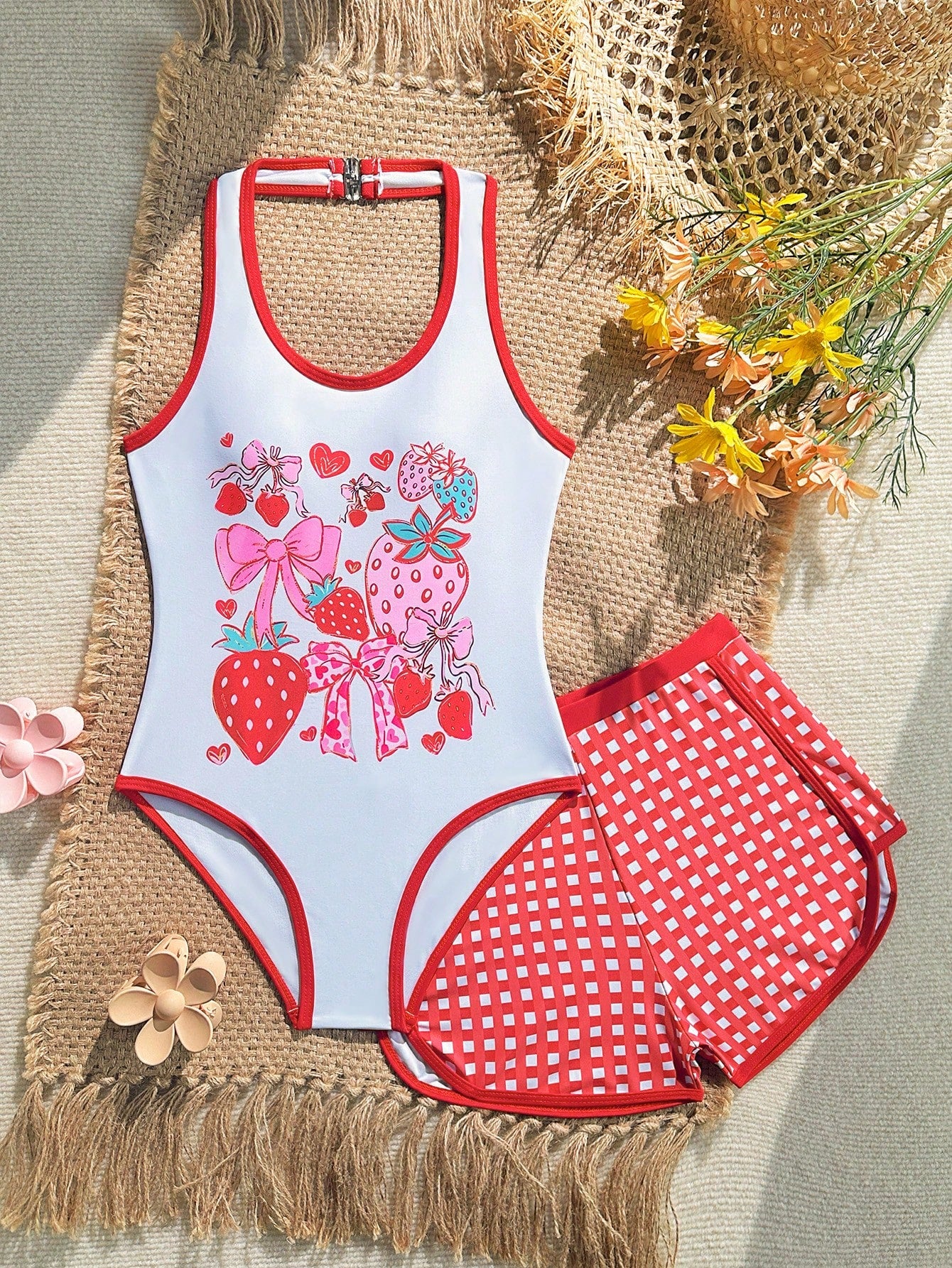 Girls 2-piece swimwear set featuring a butterfly print halter swimsuit top with contrast piping and separate mid-waist shorts; sleeveless, high-stretch, wireless design for beach and vacation wear.