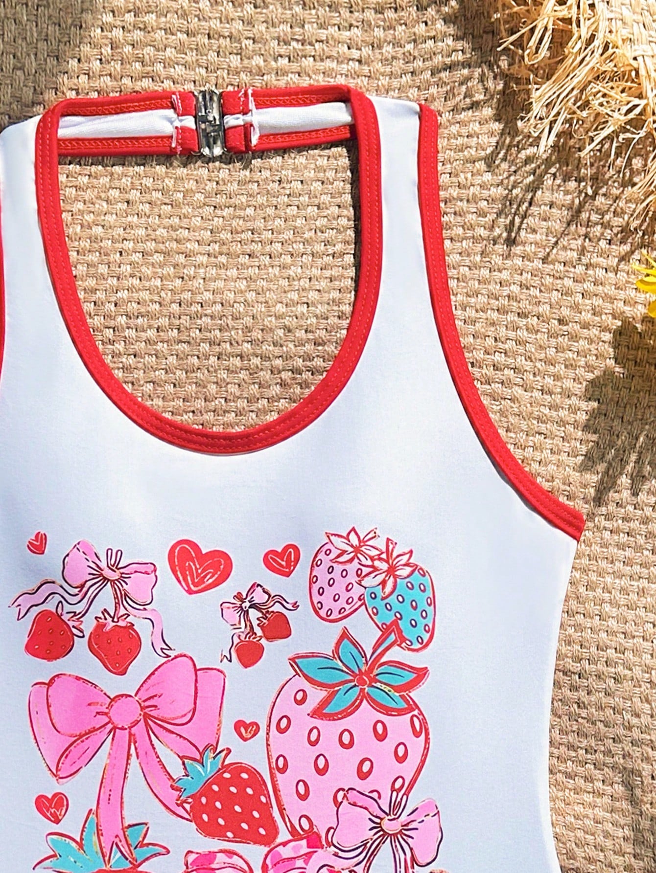 Girls 2-piece swimwear set featuring a butterfly print halter swimsuit top with contrast piping and separate mid-waist shorts; sleeveless, high-stretch, wireless design for beach and vacation wear.