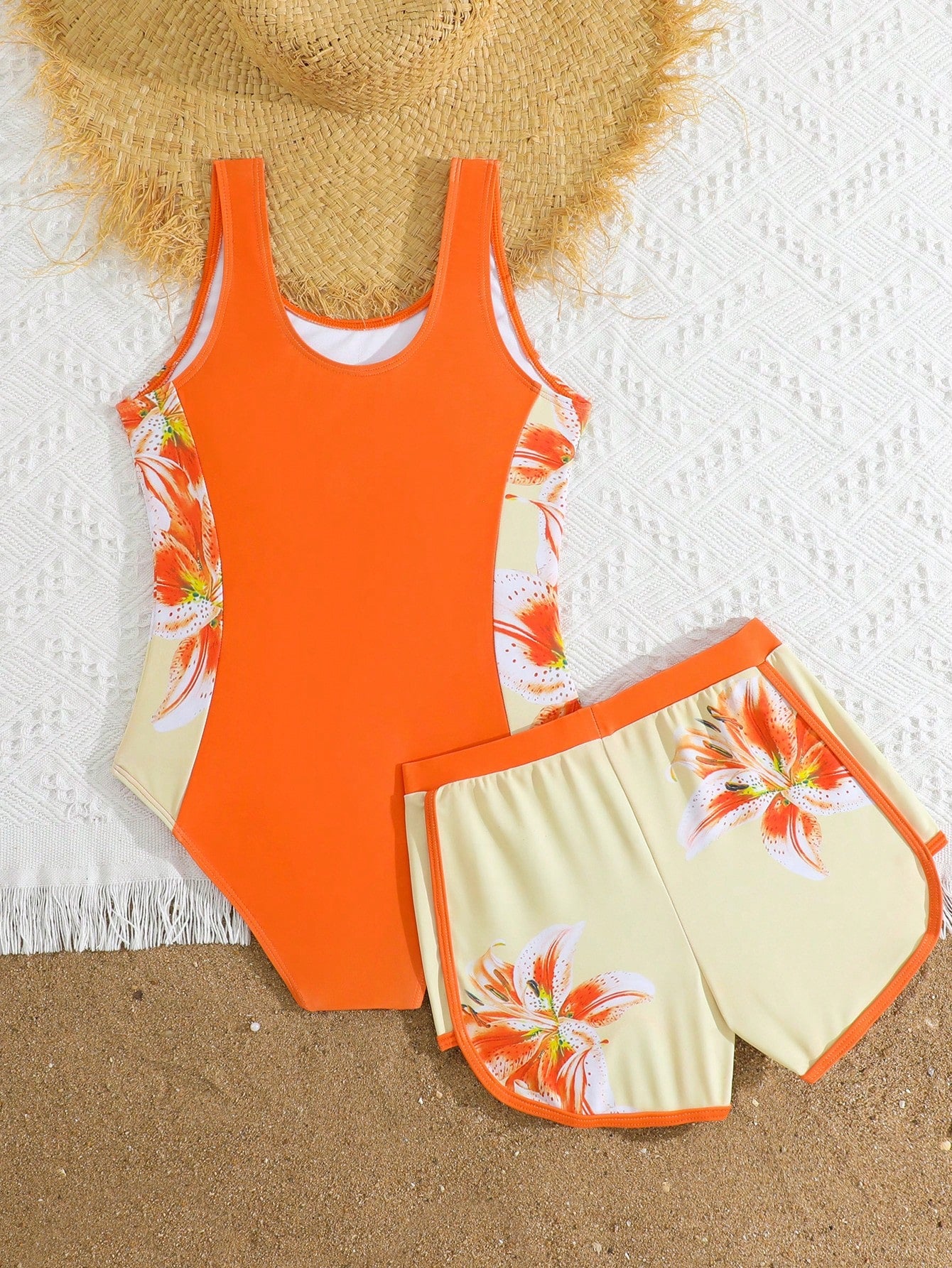 Tween Girls Cute Casual Lily Print One-Piece Swimsuit With Shorts, Suitable For Swimming, Summer Vacation, Beach, Pool