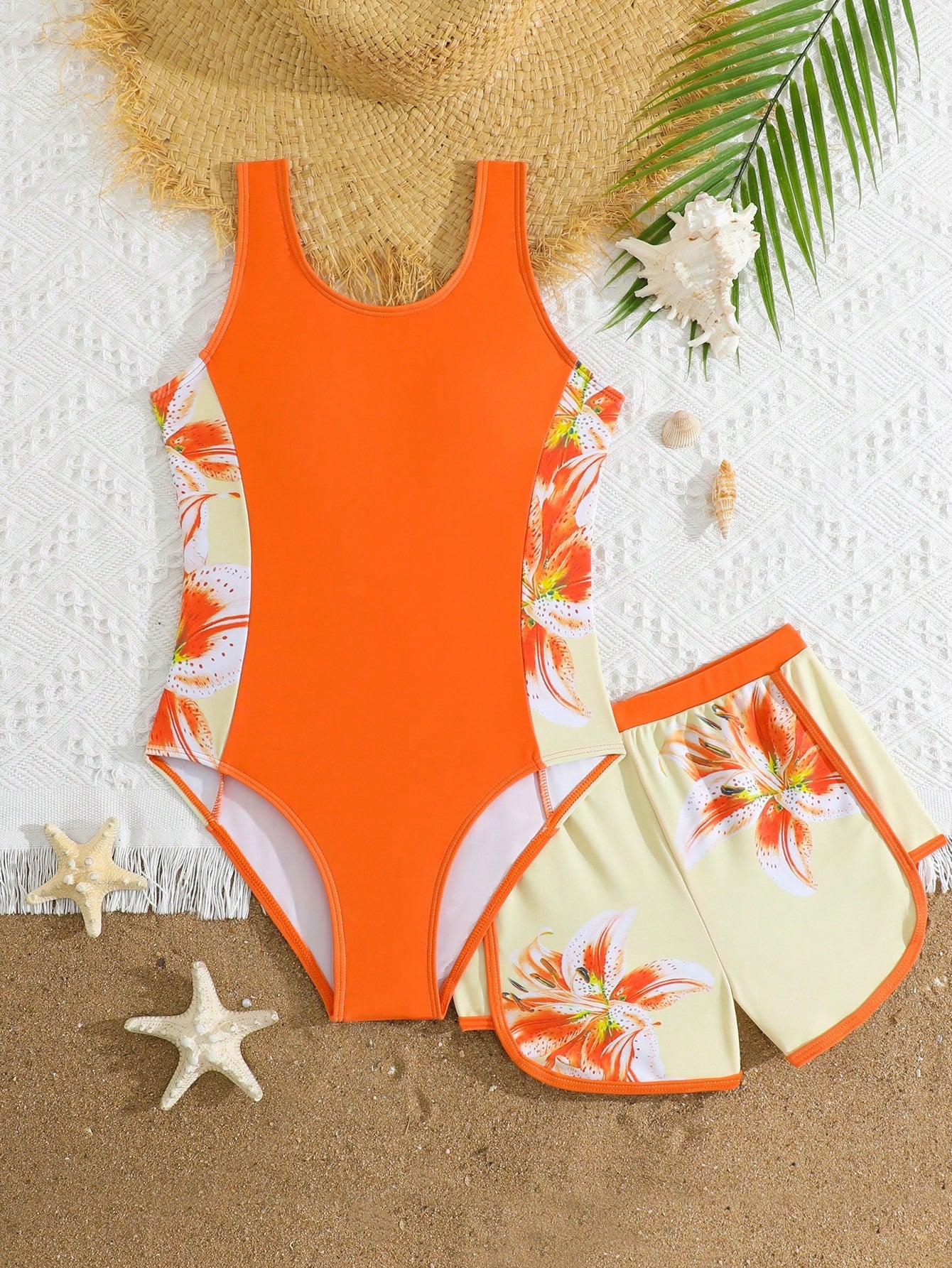 Tween Girls Cute Casual Lily Print One-Piece Swimsuit With Shorts, Suitable For Swimming, Summer Vacation, Beach, Pool