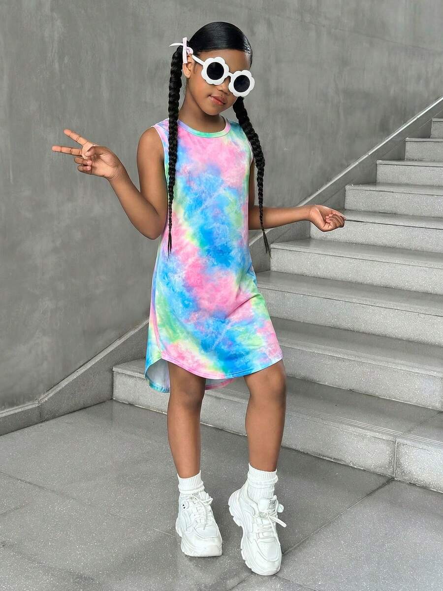 Tween girls sleeveless tie-dye tank dress with round neck, loose fit, short length, and asymmetrical hem in a casual streetwear style