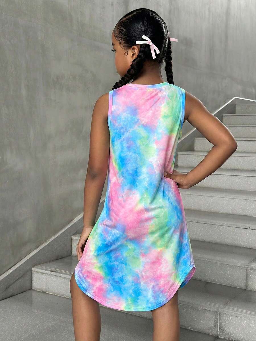 Tween girls sleeveless tie-dye tank dress with round neck, loose fit, short length, and asymmetrical hem in a casual streetwear style