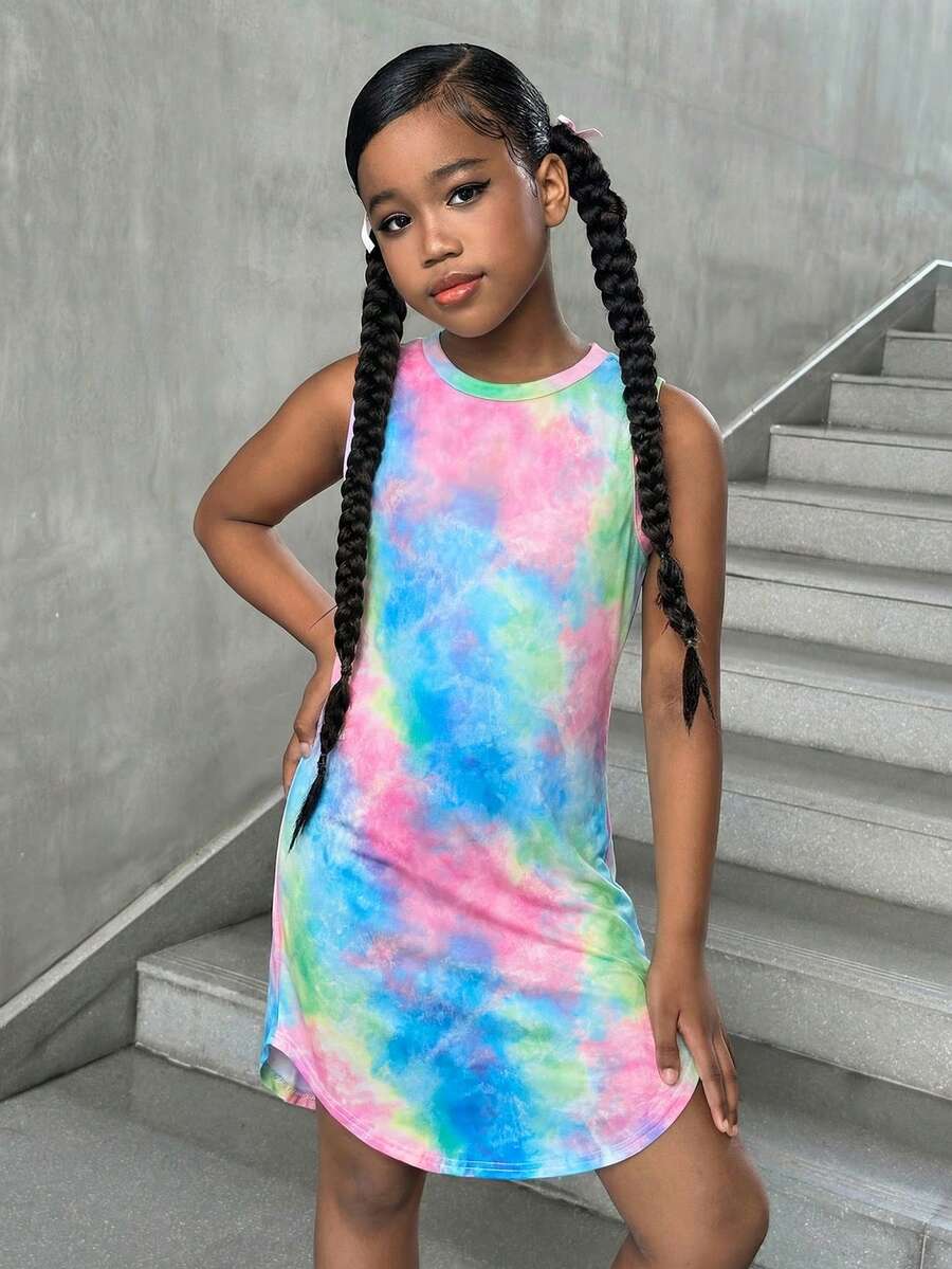 Tween girls sleeveless tie-dye tank dress with round neck, loose fit, short length, and asymmetrical hem in a casual streetwear style