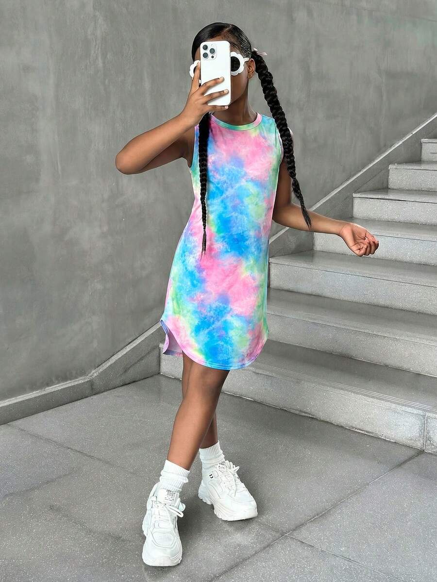 Tween girls sleeveless tie-dye tank dress with round neck, loose fit, short length, and asymmetrical hem in a casual streetwear style
