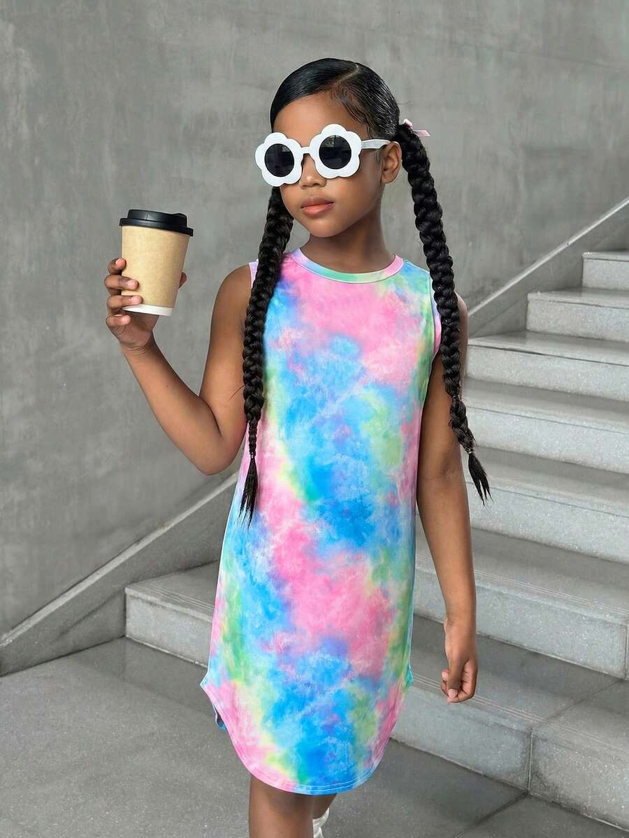 Tween girls sleeveless tie-dye tank dress with round neck, loose fit, short length, and asymmetrical hem in a casual streetwear style