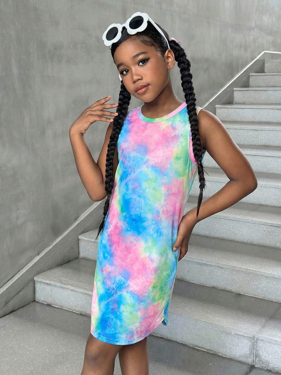 Tween girls sleeveless tie-dye tank dress with round neck, loose fit, short length, and asymmetrical hem in a casual streetwear style