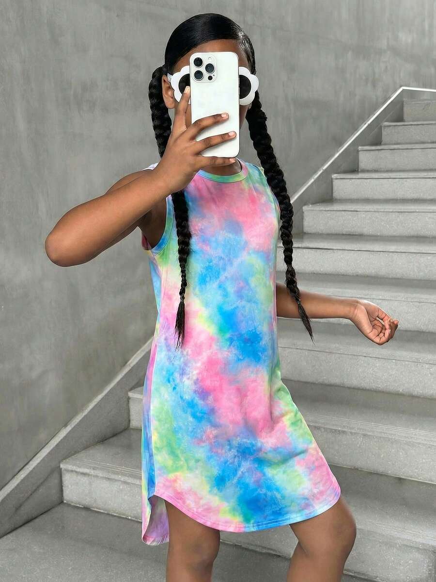 Tween girls sleeveless tie-dye tank dress with round neck, loose fit, short length, and asymmetrical hem in a casual streetwear style