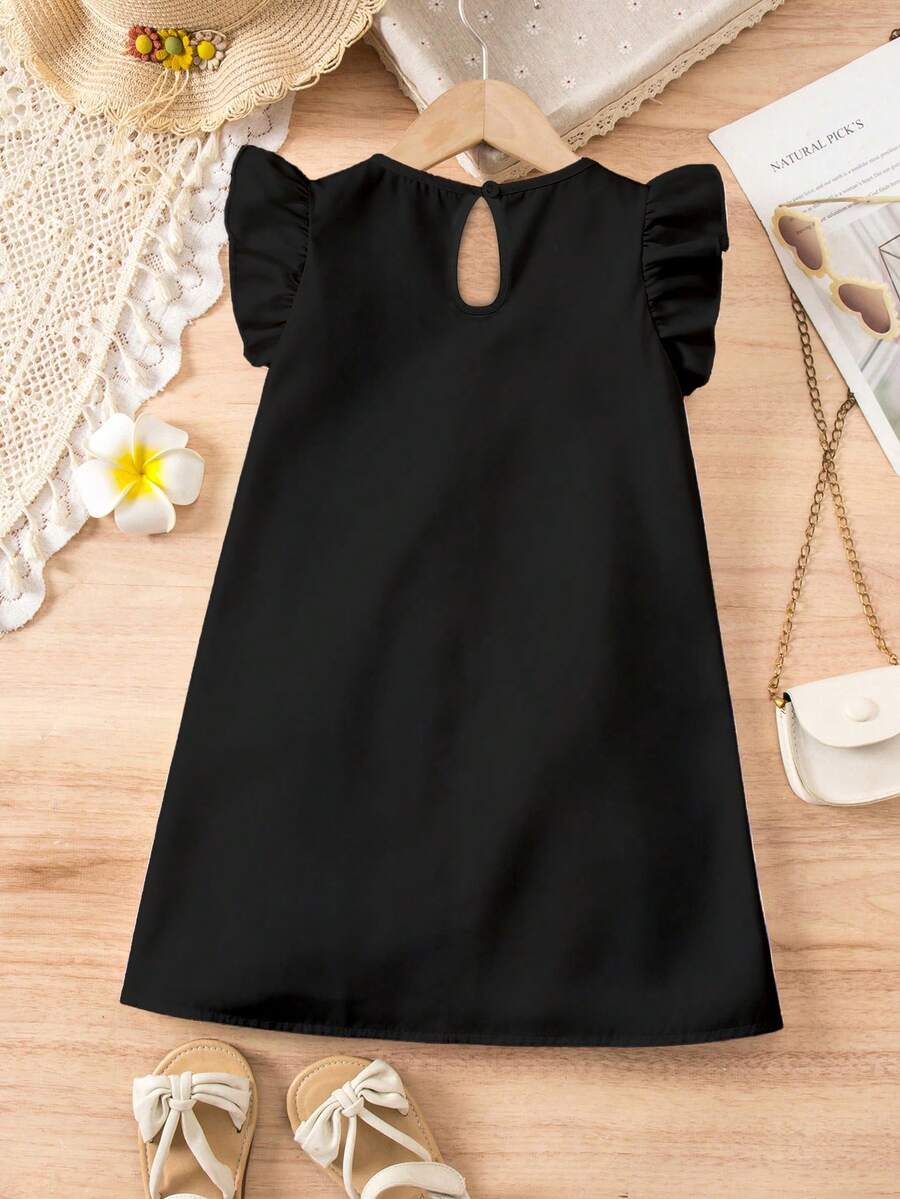 Tween girls sleeveless tropical floral mini dress in black with round neck and ruffle hem detail