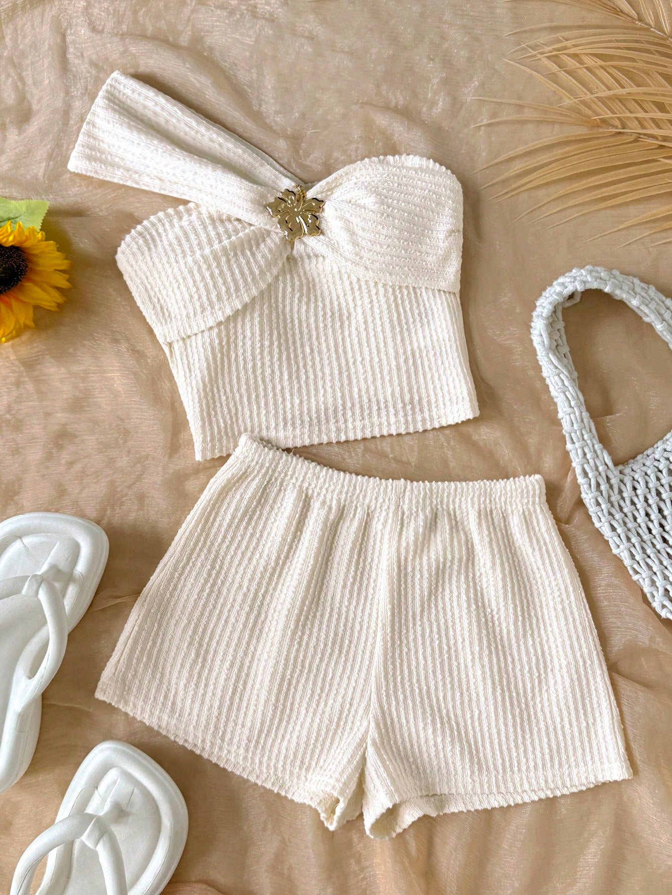 Tween girls apricot knitted texture halter top and elastic waistband shorts set.