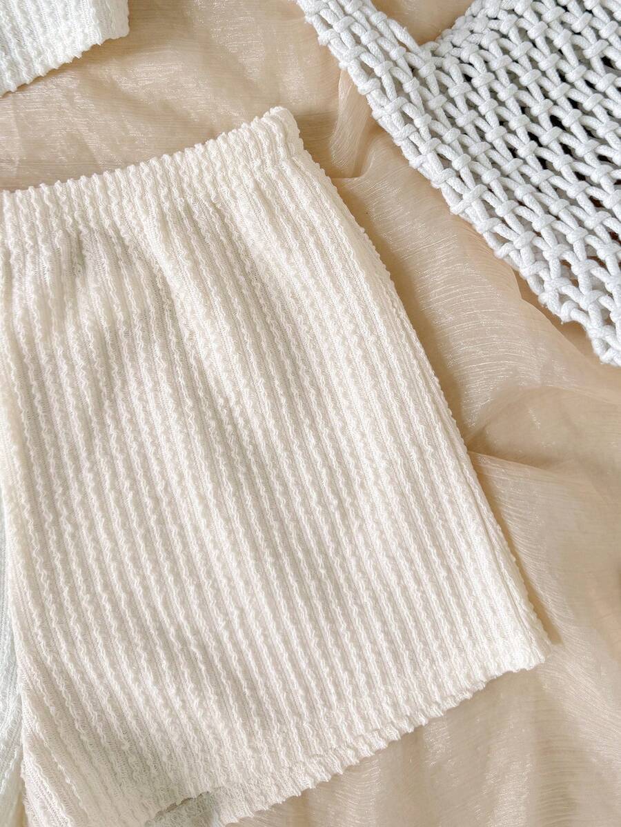 Tween girls apricot knitted texture halter top and elastic waistband shorts set.