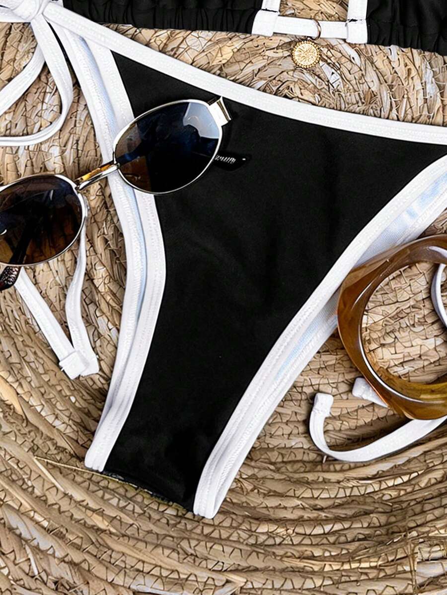 Women's high waist 2-piece triangle bikini set featuring colorblock trim, halter neckline, wireless bra with removable padding, and tie-side bottoms.