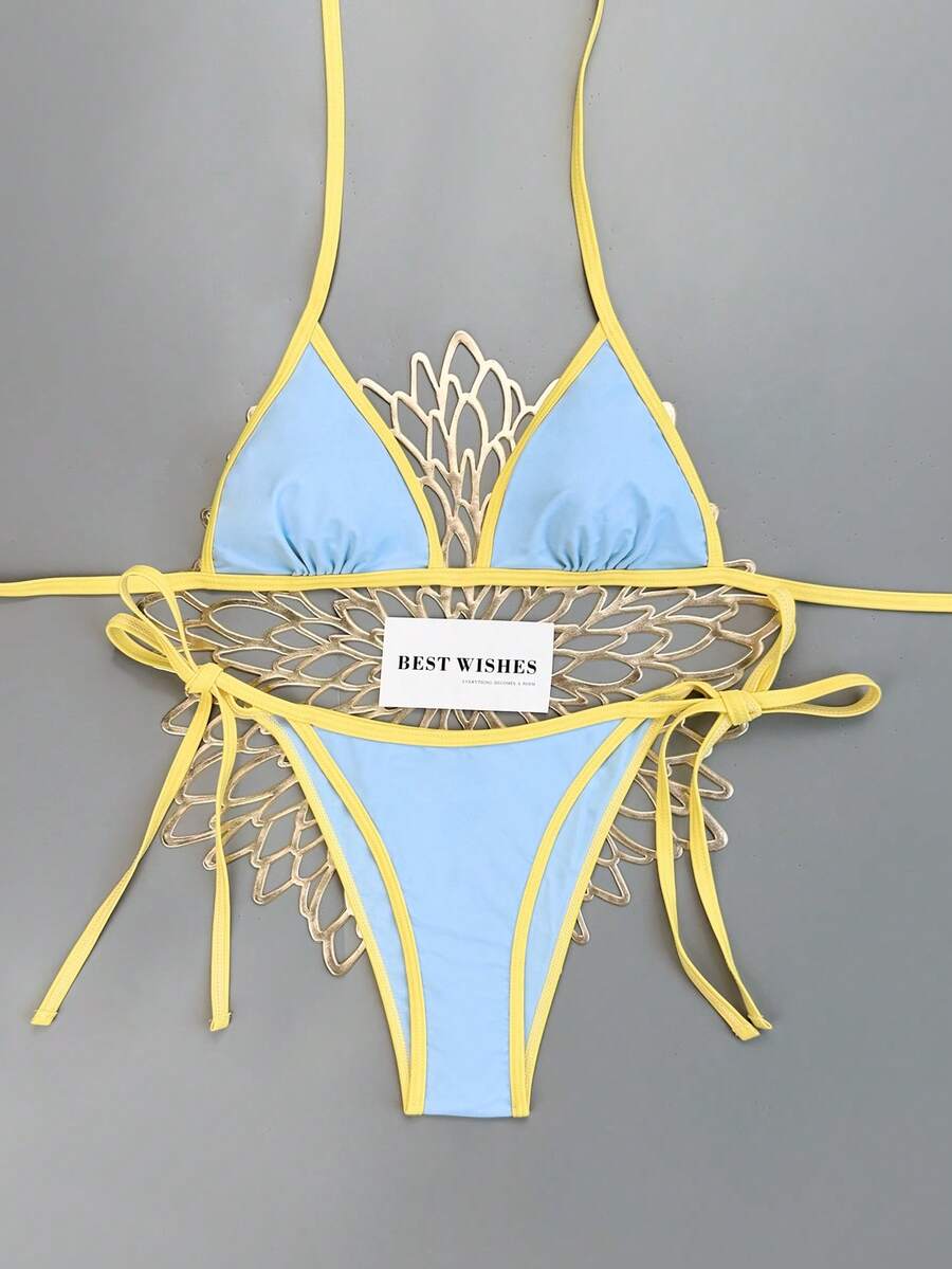 Women's apricot solid halter tie bikini top with triangle cups and matching tie-side swimsuit bottoms.
