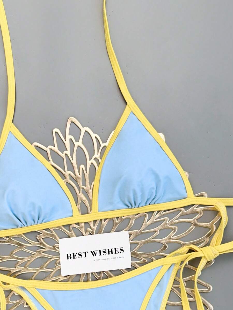 Women's apricot solid halter tie bikini top with triangle cups and matching tie-side swimsuit bottoms.