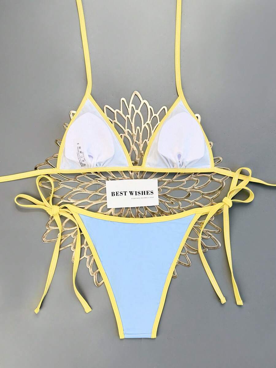 Women's apricot solid halter tie bikini top with triangle cups and matching tie-side swimsuit bottoms.