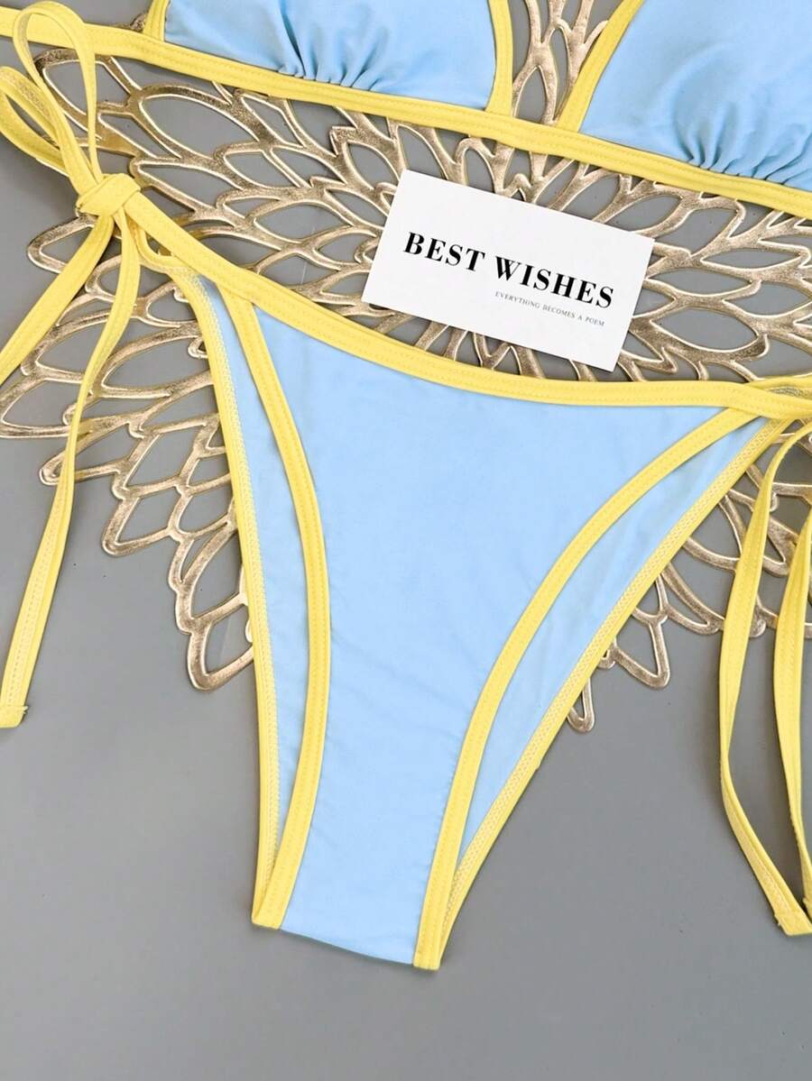 Women's apricot solid halter tie bikini top with triangle cups and matching tie-side swimsuit bottoms.