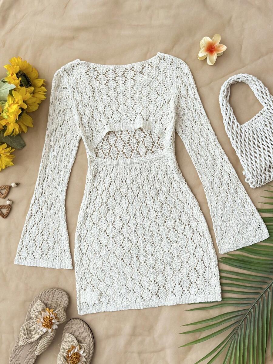 Tween girls semi-sheer long sleeve beach cover up dress with boat neckline and plain design for vacation swimwear layering.