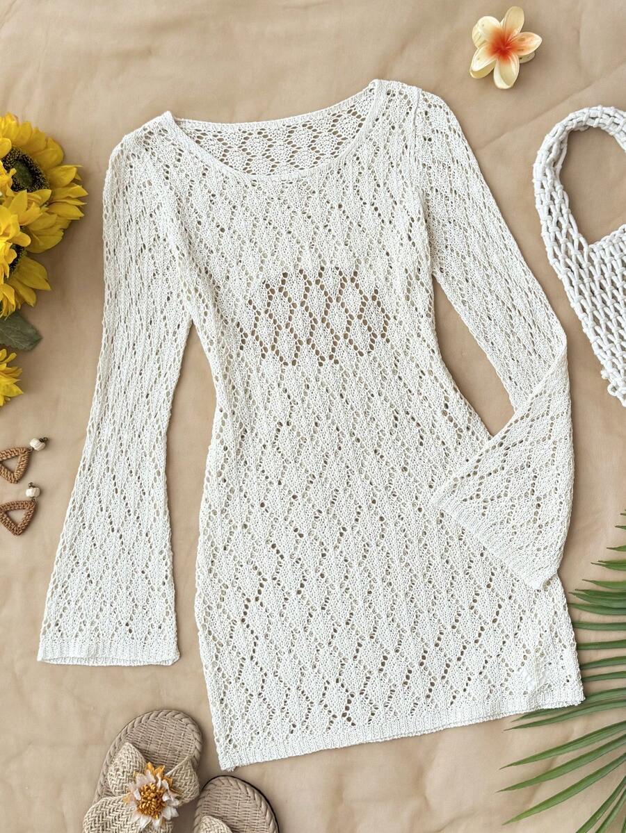 Tween girls semi-sheer long sleeve beach cover up dress with boat neckline and plain design for vacation swimwear layering.