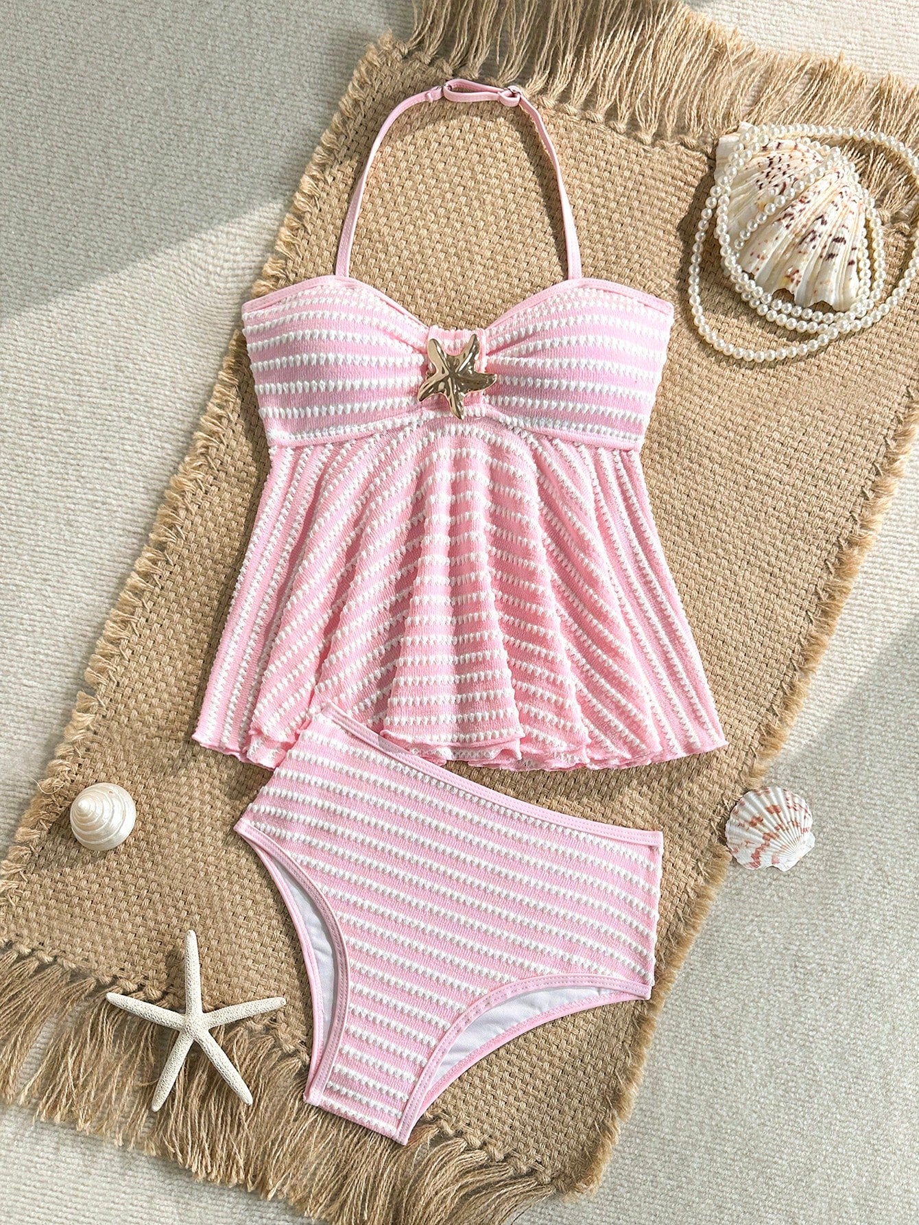 Tween Girls Knit Striped Textured Pink Halter Neck Swimwear Set