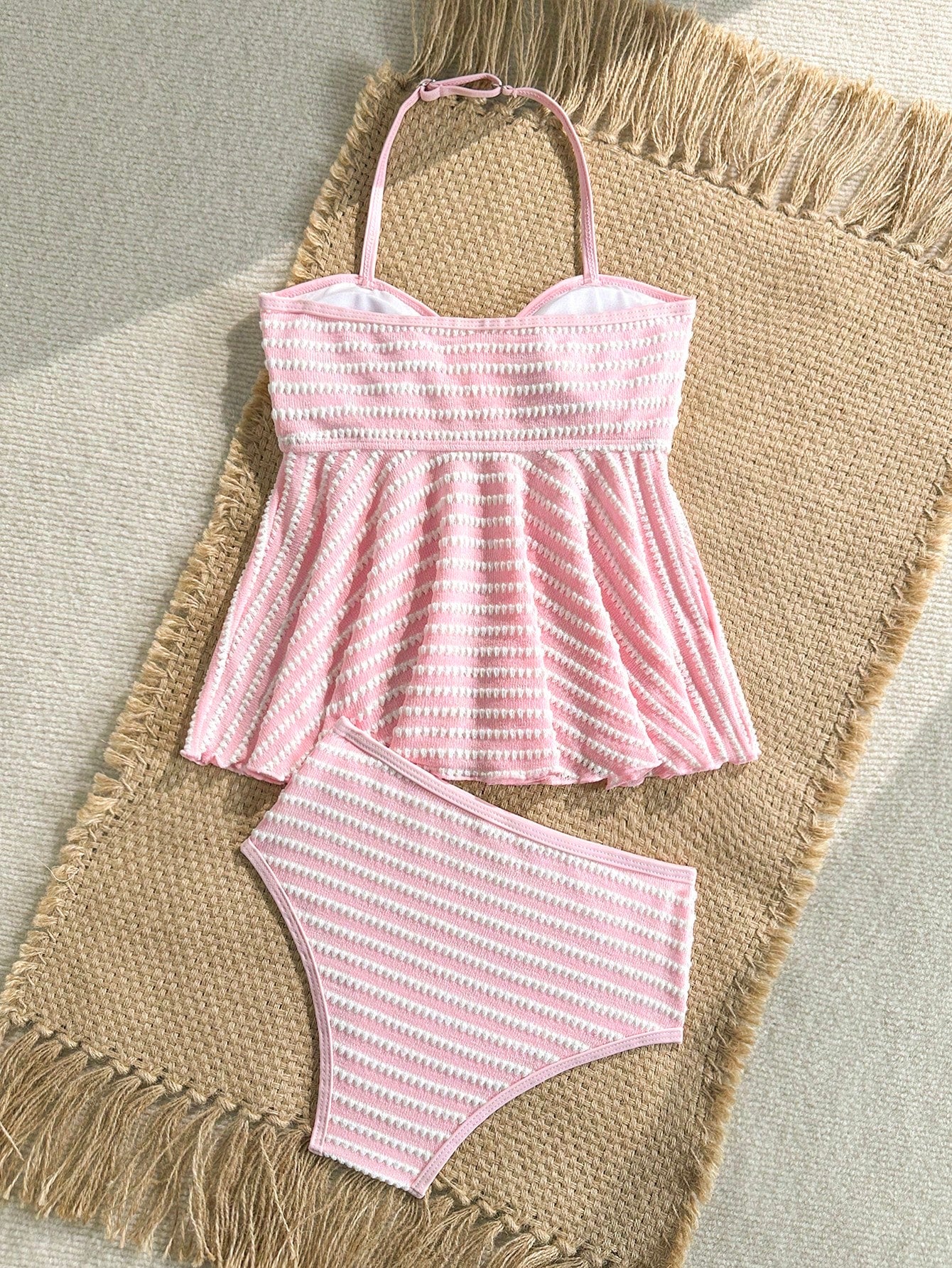 Tween Girls Knit Striped Textured Pink Halter Neck Swimwear Set