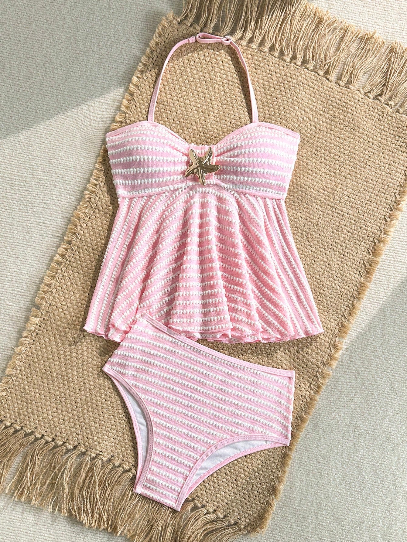 Tween Girls Knit Striped Textured Pink Halter Neck Swimwear Set