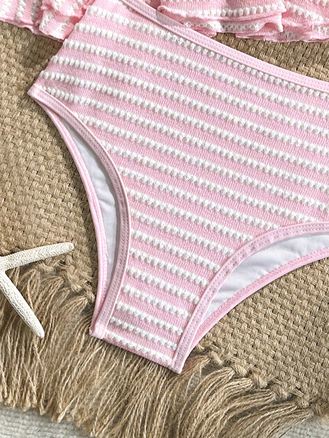 Tween Girls Knit Striped Textured Pink Halter Neck Swimwear Set