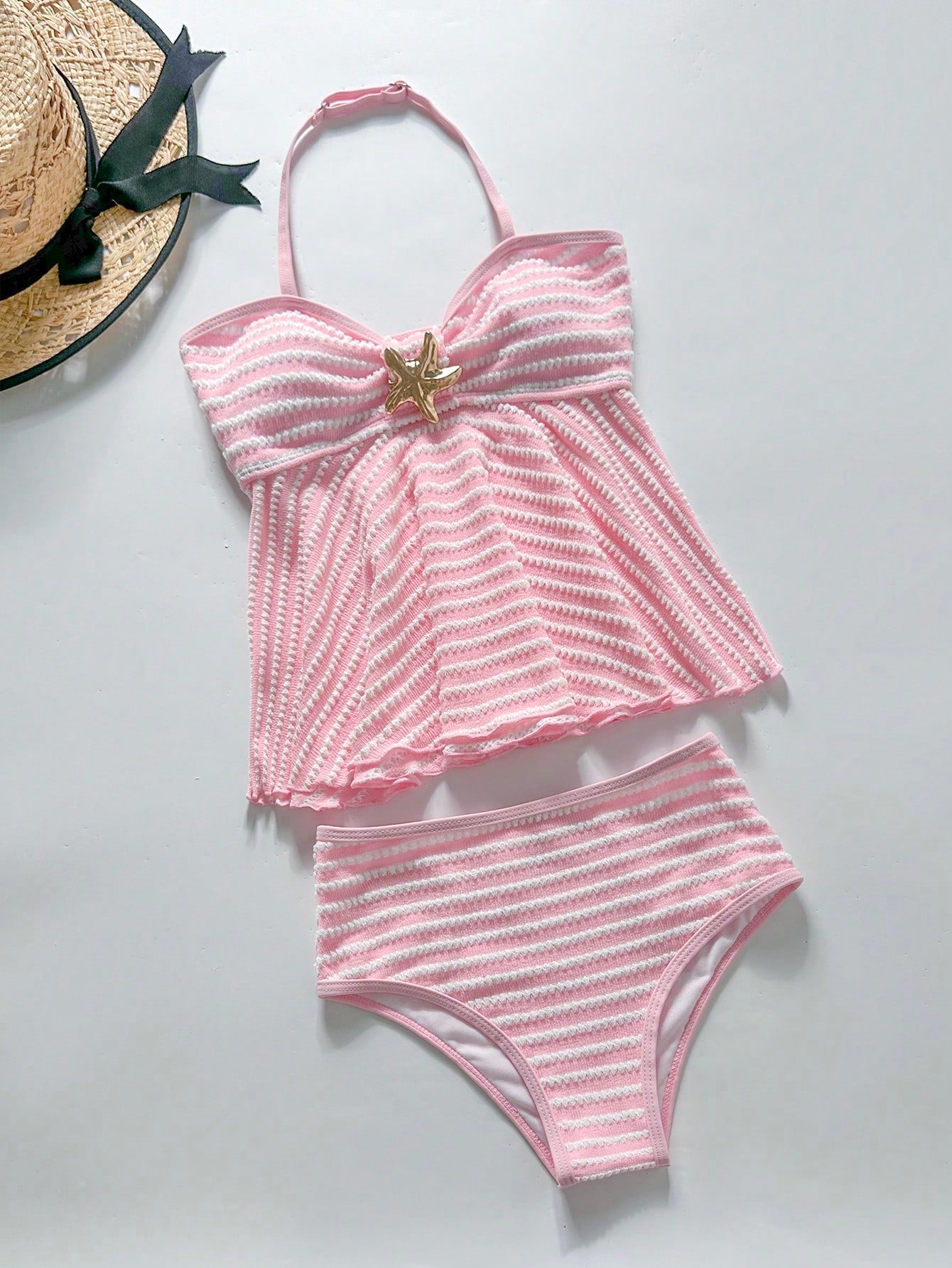 Tween Girls Knit Striped Textured Pink Halter Neck Swimwear Set