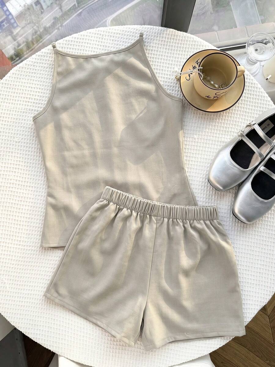 Tween girls apricot striped knit camisole top with button front paired with matching casual elastic waist shorts