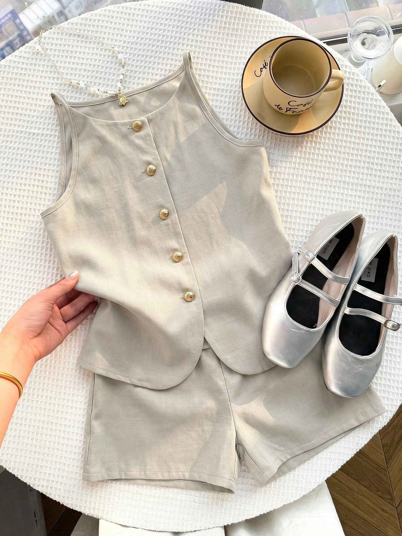 Tween girls apricot striped knit camisole top with button front paired with matching casual elastic waist shorts