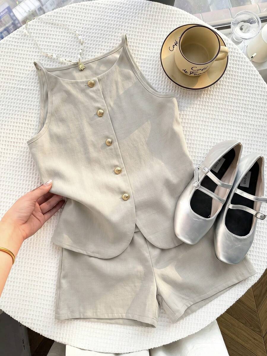 Tween girls apricot striped knit camisole top with button front paired with matching casual elastic waist shorts
