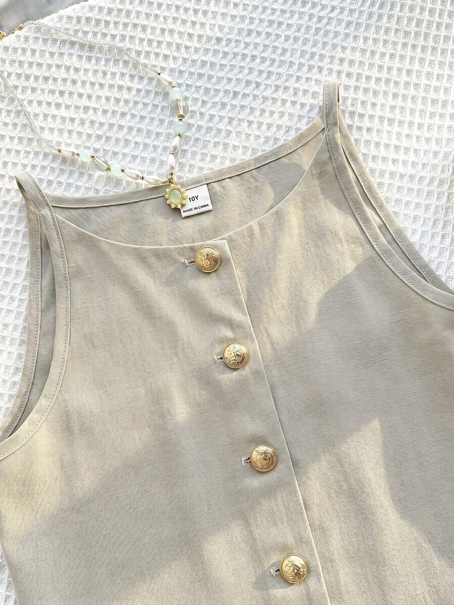 Tween girls apricot striped knit camisole top with button front paired with matching casual elastic waist shorts