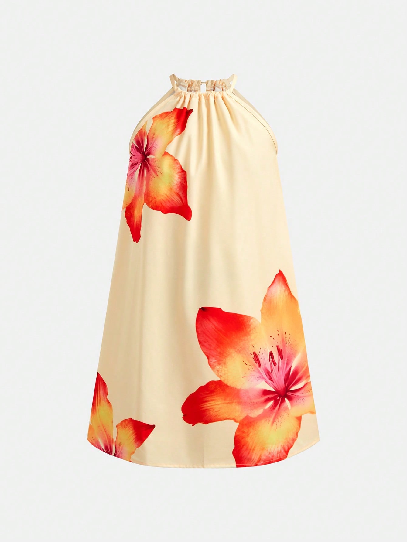 Tween girls floral print dress with halter neckline, sleeveless cold shoulder design, A-line shape, and vacation style.
