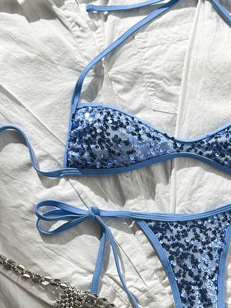 Apricot 2-piece sequin textured halter bikini set featuring a wireless top with lace-up backless ties and matching low-waist side-tie thong bottoms.