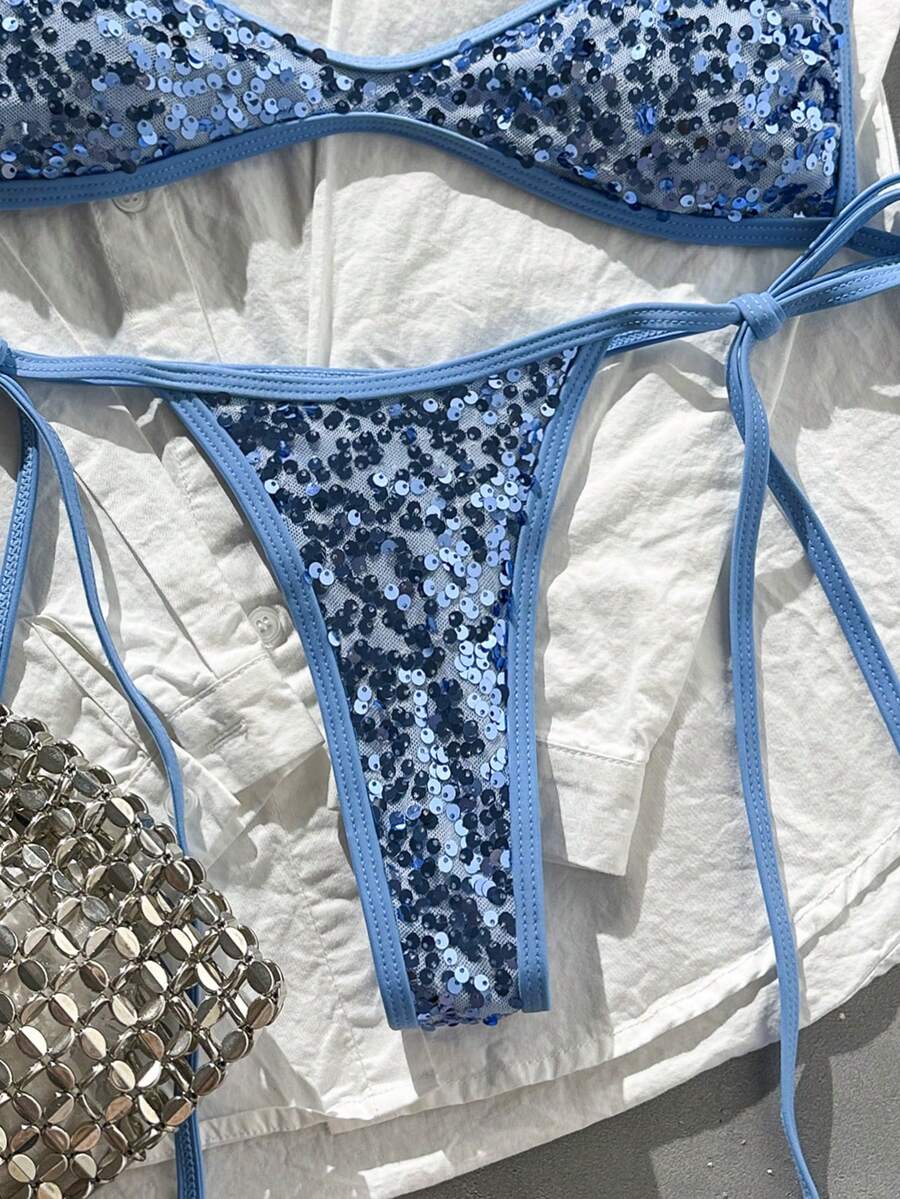 Apricot 2-piece sequin textured halter bikini set featuring a wireless top with lace-up backless ties and matching low-waist side-tie thong bottoms.