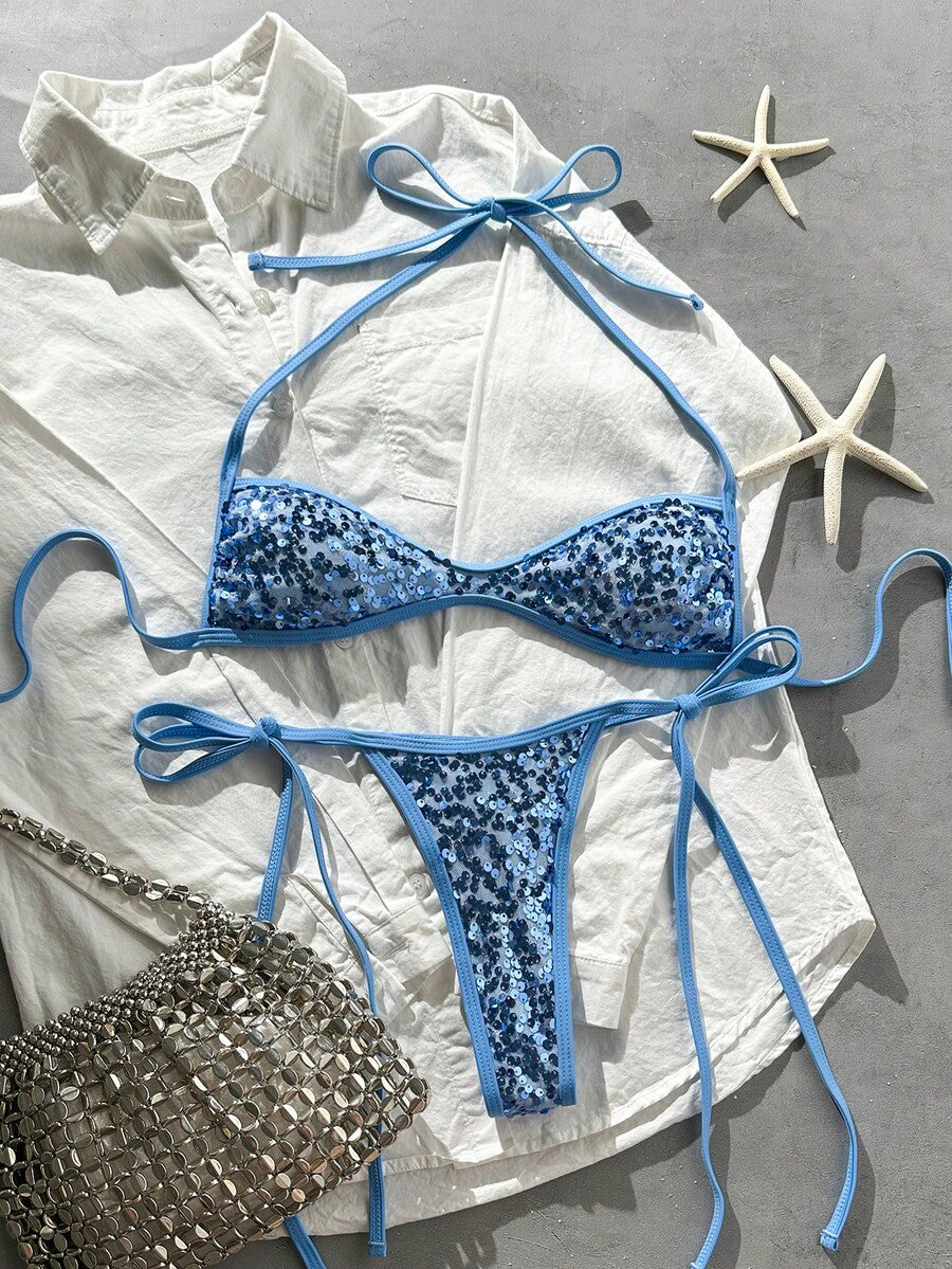 Apricot 2-piece sequin textured halter bikini set featuring a wireless top with lace-up backless ties and matching low-waist side-tie thong bottoms.