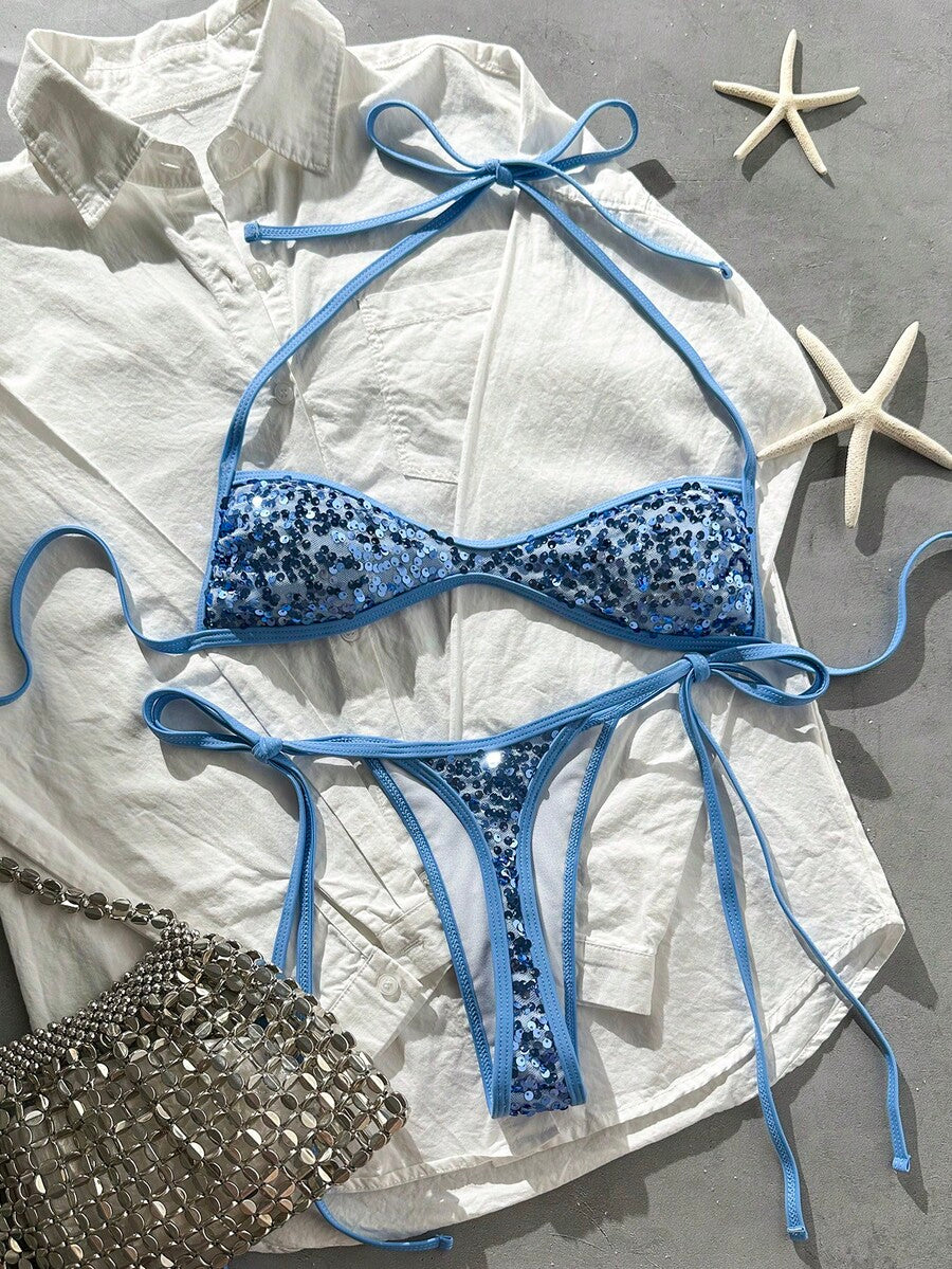Apricot 2-piece sequin textured halter bikini set featuring a wireless top with lace-up backless ties and matching low-waist side-tie thong bottoms.