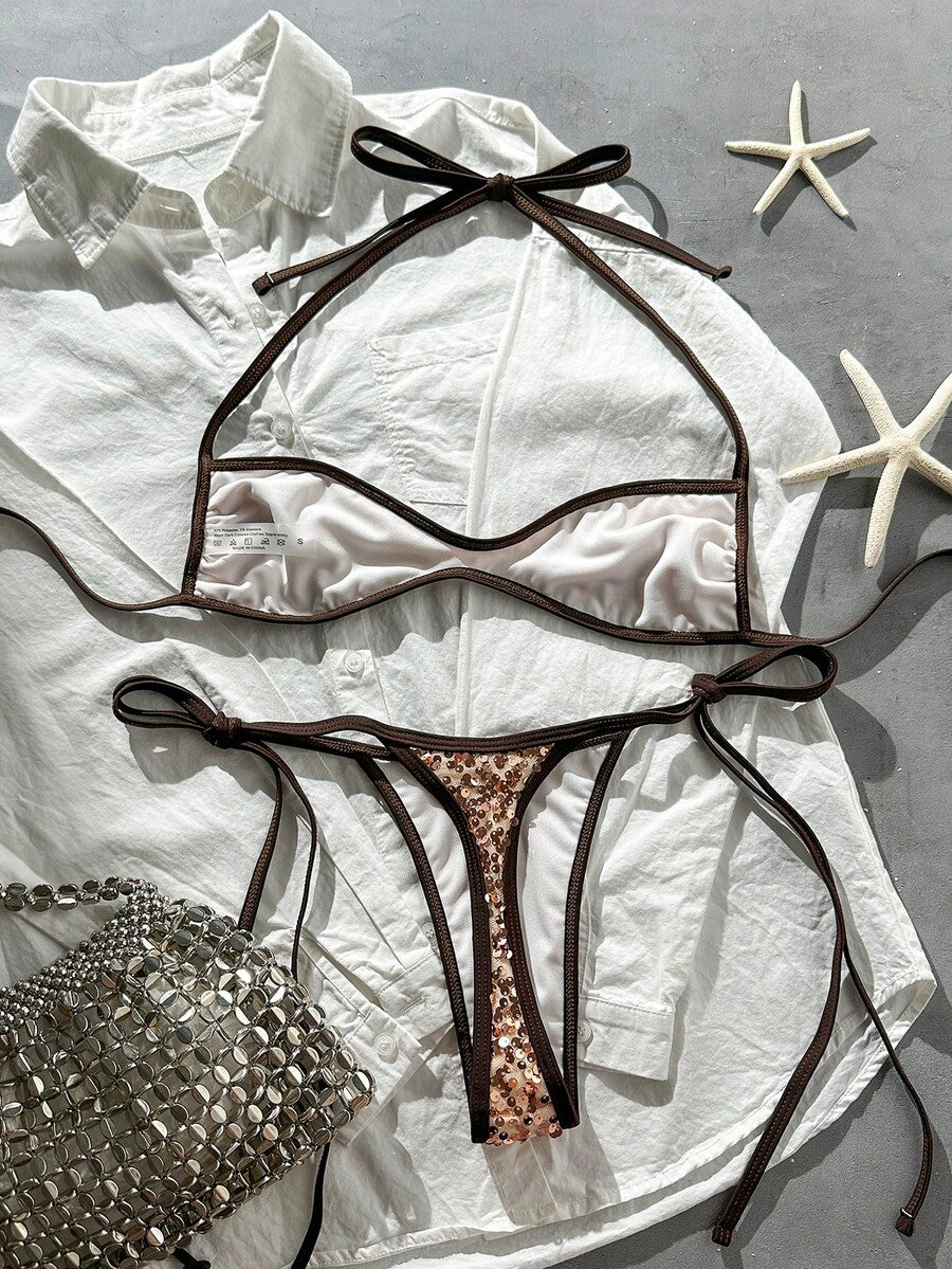 Apricot 2-piece sequin textured halter bikini set featuring a wireless top with lace-up backless ties and matching low-waist side-tie thong bottoms.