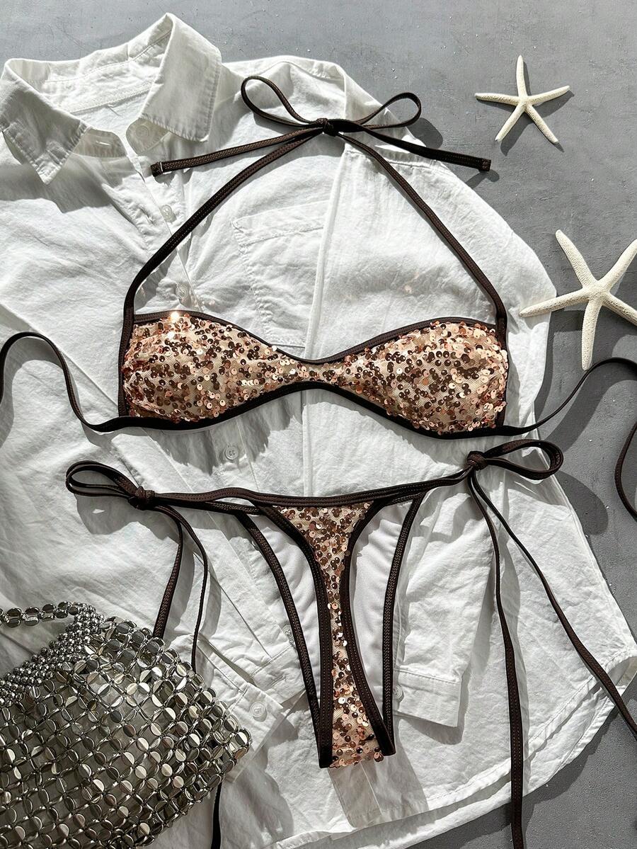 Apricot 2-piece sequin textured halter bikini set featuring a wireless top with lace-up backless ties and matching low-waist side-tie thong bottoms.