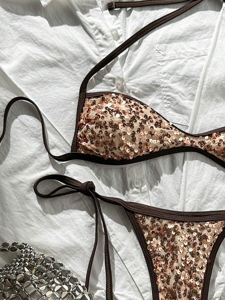 Apricot 2-piece sequin textured halter bikini set featuring a wireless top with lace-up backless ties and matching low-waist side-tie thong bottoms.