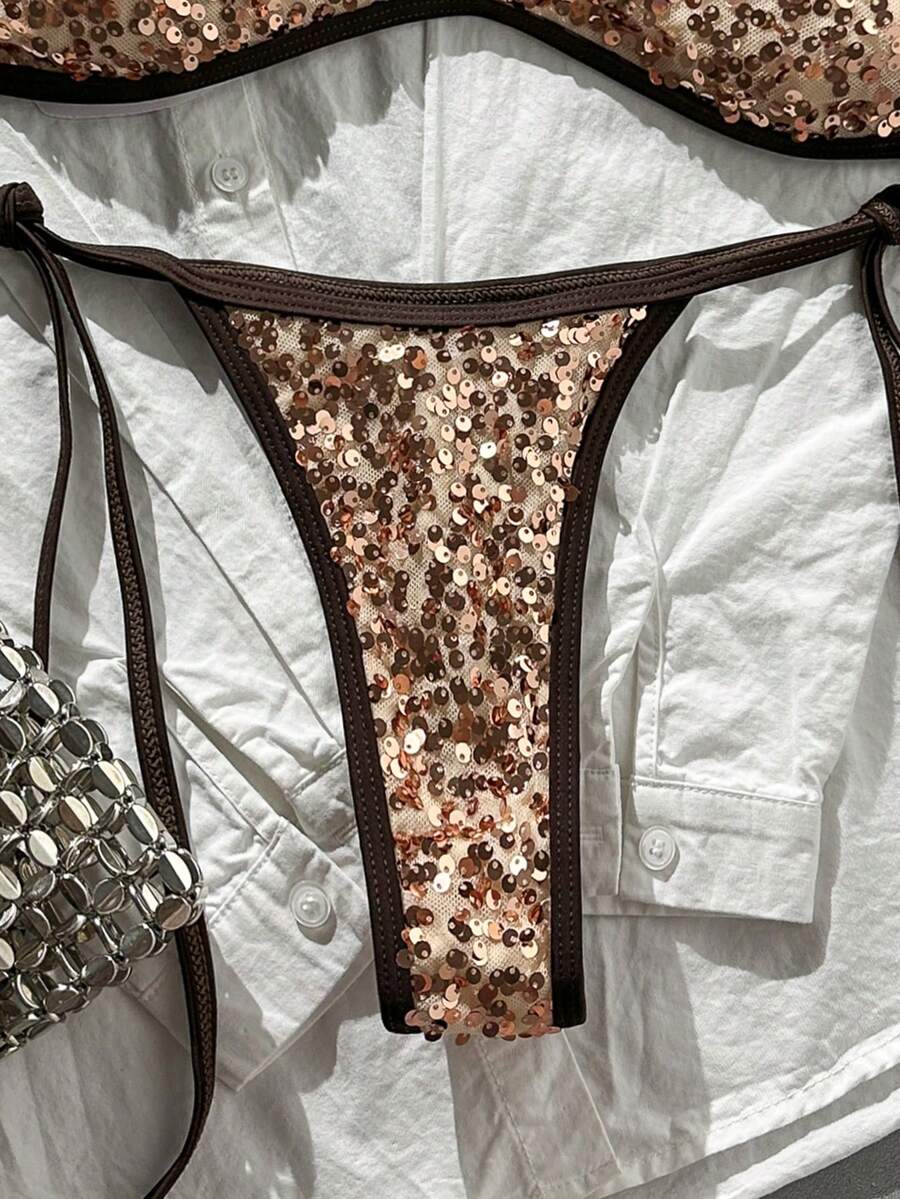Apricot 2-piece sequin textured halter bikini set featuring a wireless top with lace-up backless ties and matching low-waist side-tie thong bottoms.