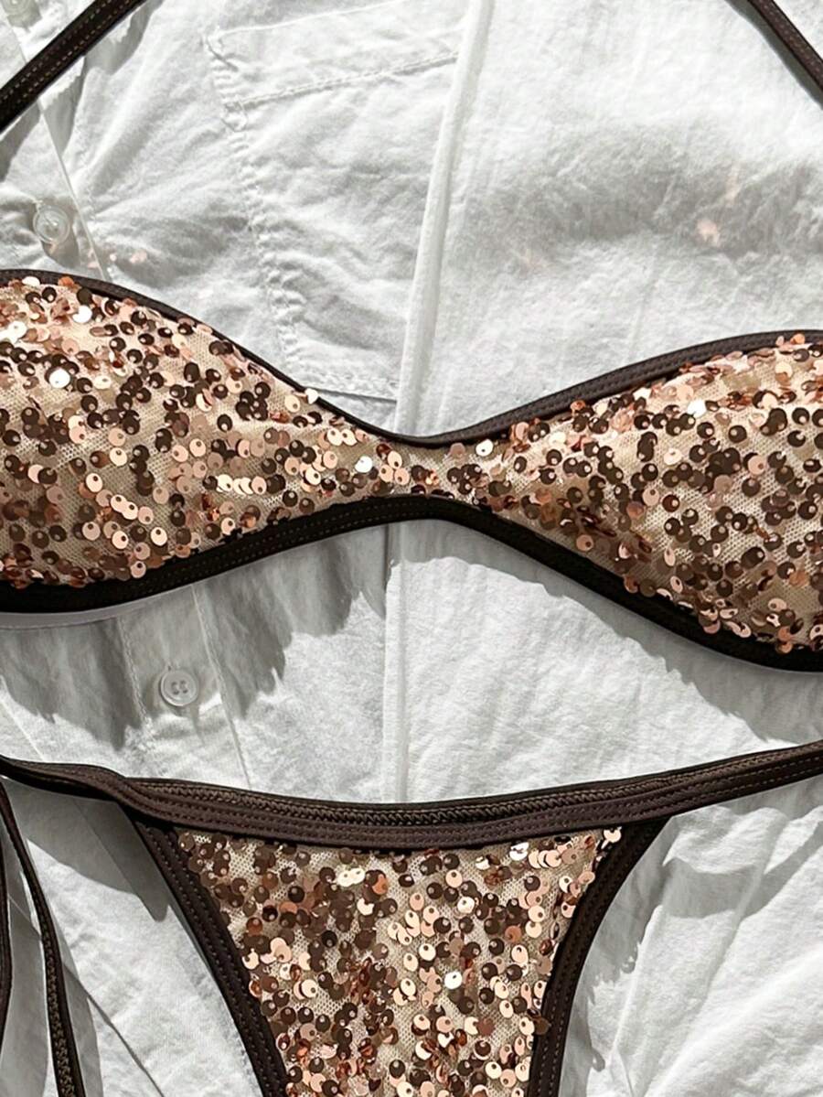 Apricot 2-piece sequin textured halter bikini set featuring a wireless top with lace-up backless ties and matching low-waist side-tie thong bottoms.