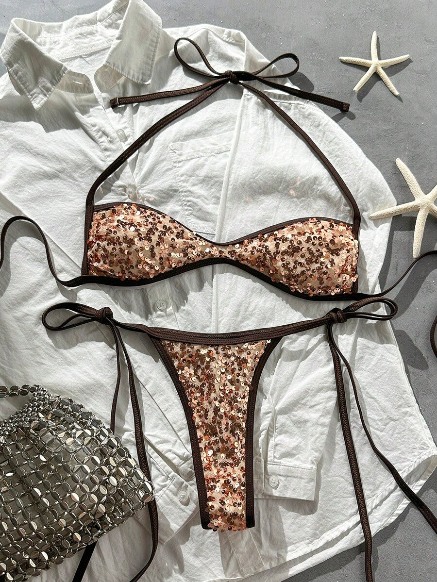 Apricot 2-piece sequin textured halter bikini set featuring a wireless top with lace-up backless ties and matching low-waist side-tie thong bottoms.