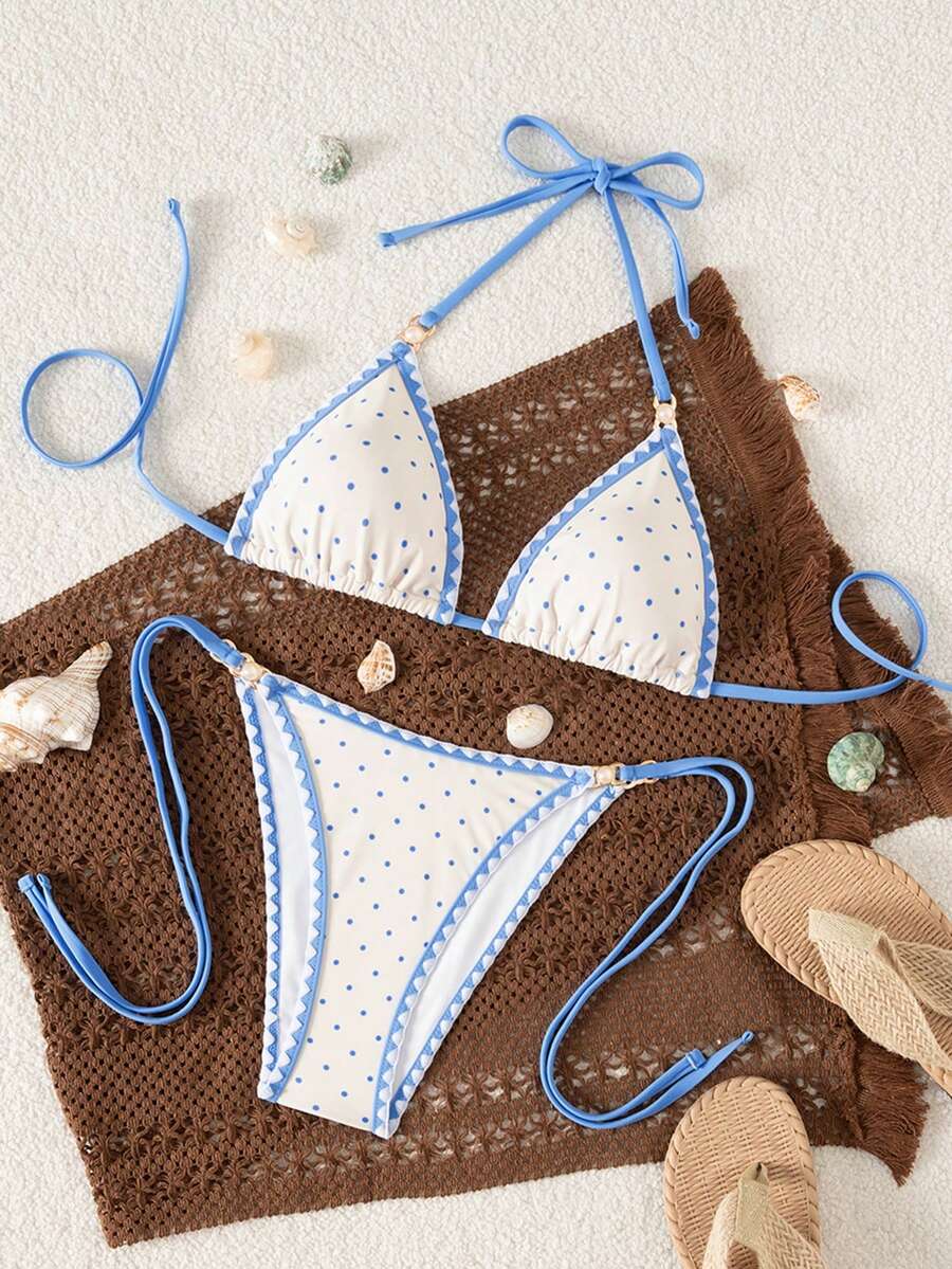 Women's triangle bikini set with contrast lace wireless bra top and ultra high waist tie side bottoms.