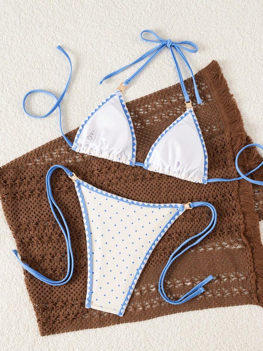 Women's triangle bikini set with contrast lace wireless bra top and ultra high waist tie side bottoms.