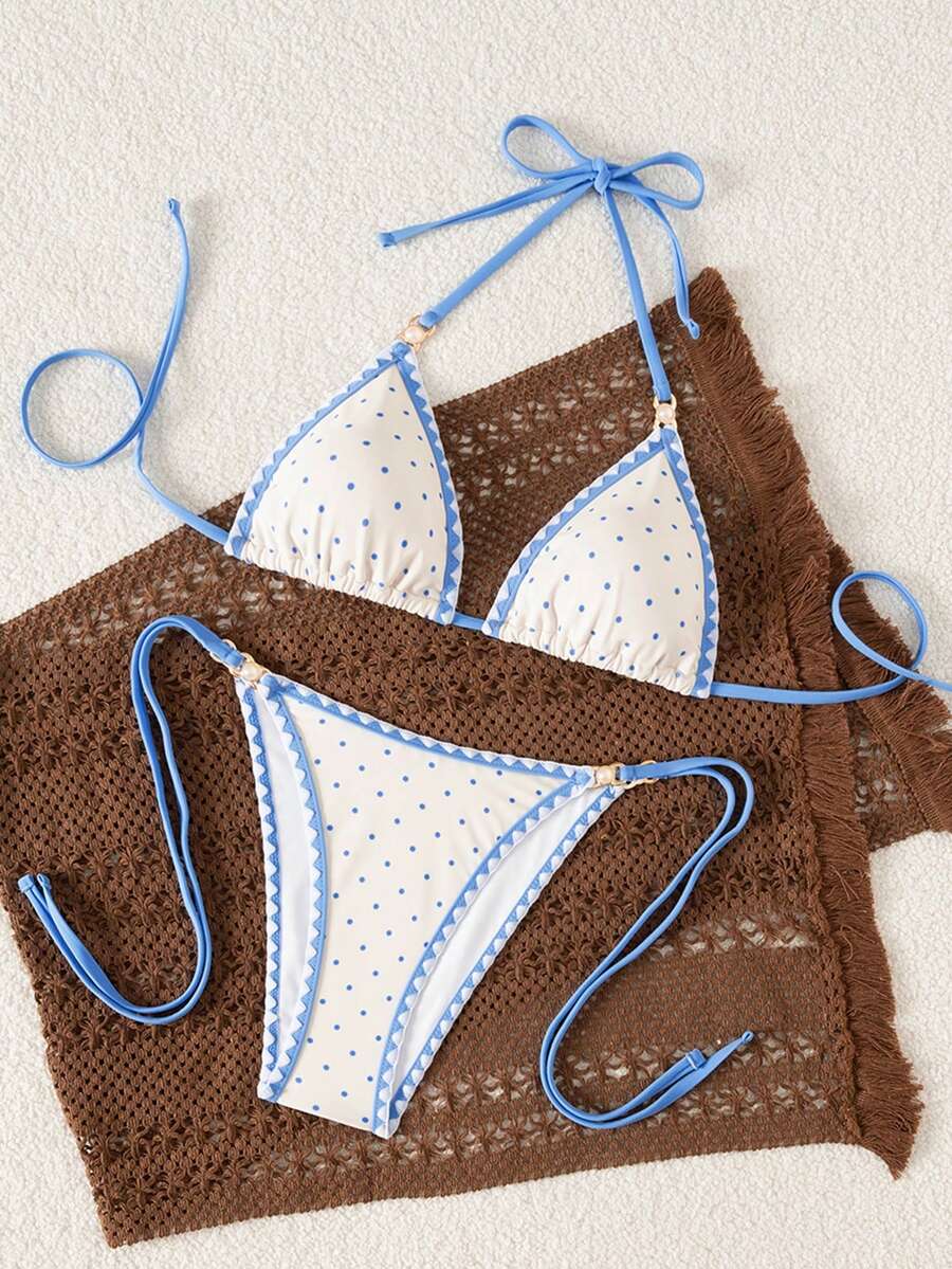 Women's triangle bikini set with contrast lace wireless bra top and ultra high waist tie side bottoms.